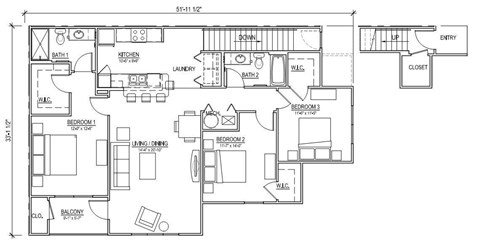 Floor plan for 3 beds, 2 baths, 1482 sqft
